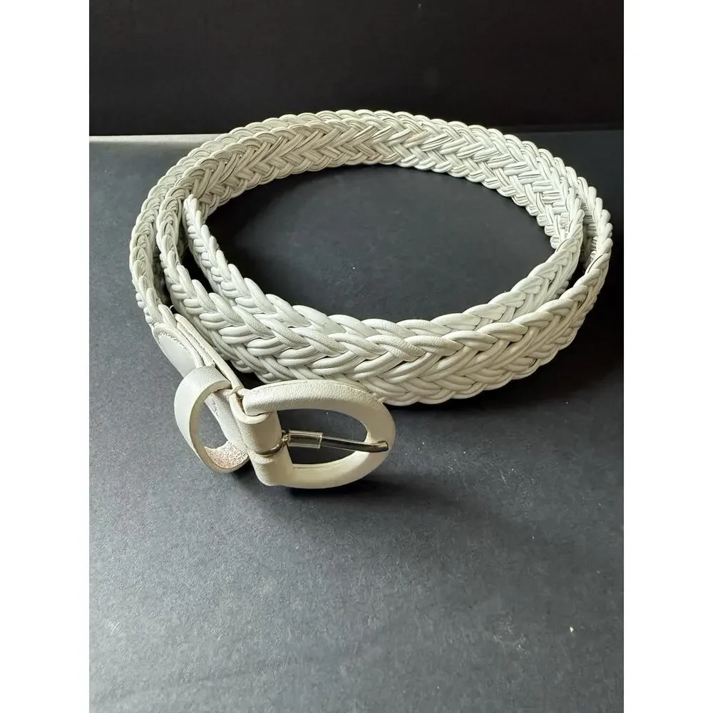 Talbots Womens White Woven Braided Leather Belt Covered Buckle Career Size 3X